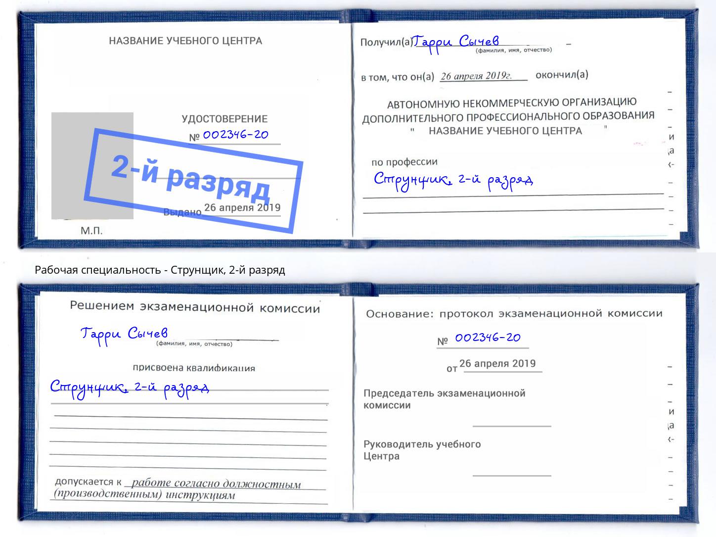 корочка 2-й разряд Струнщик Кинешма