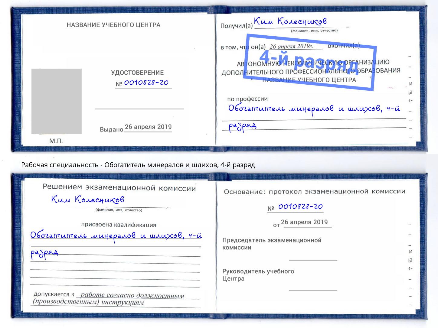 корочка 4-й разряд Обогатитель минералов и шлихов Кинешма