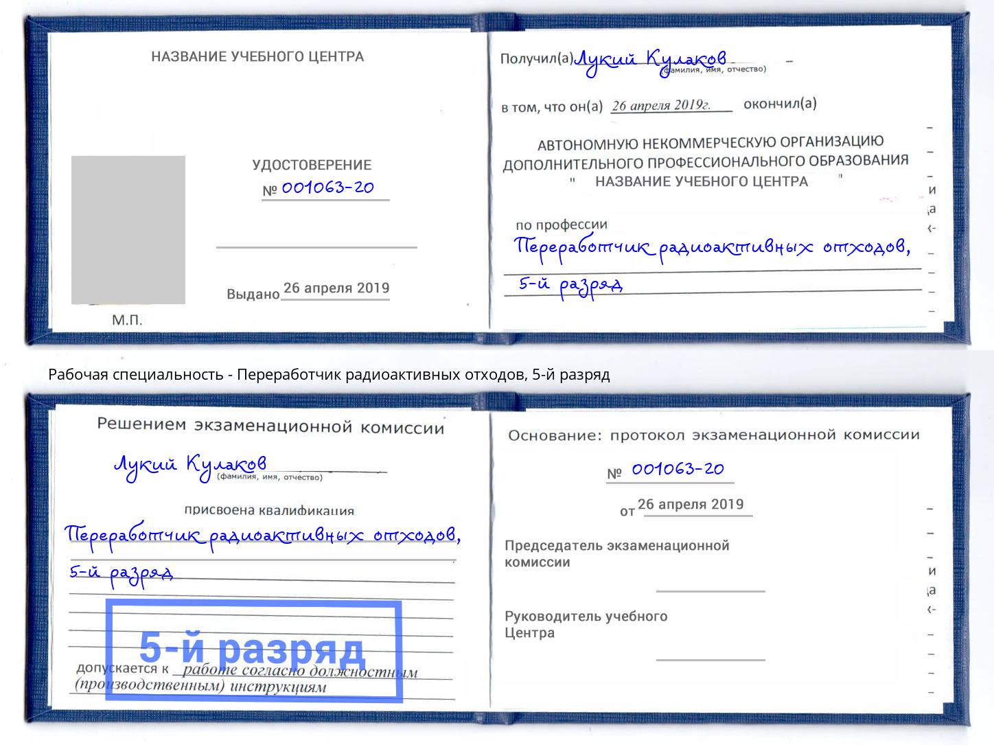 корочка 5-й разряд Переработчик радиоактивных отходов Кинешма