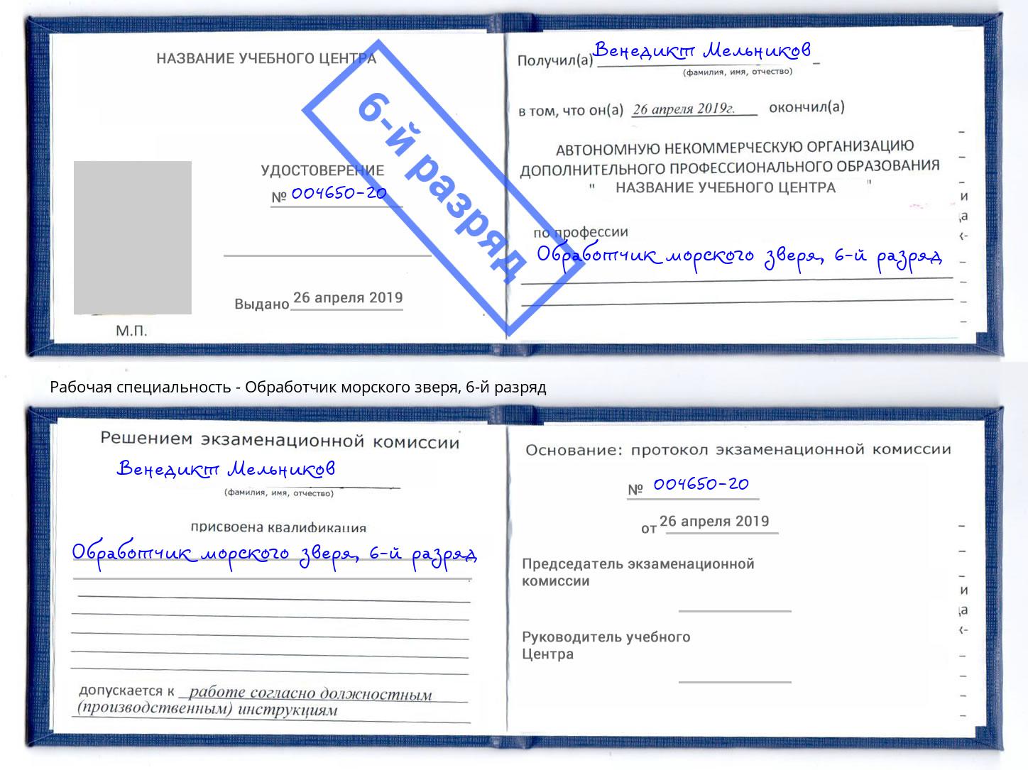корочка 6-й разряд Обработчик морского зверя Кинешма
