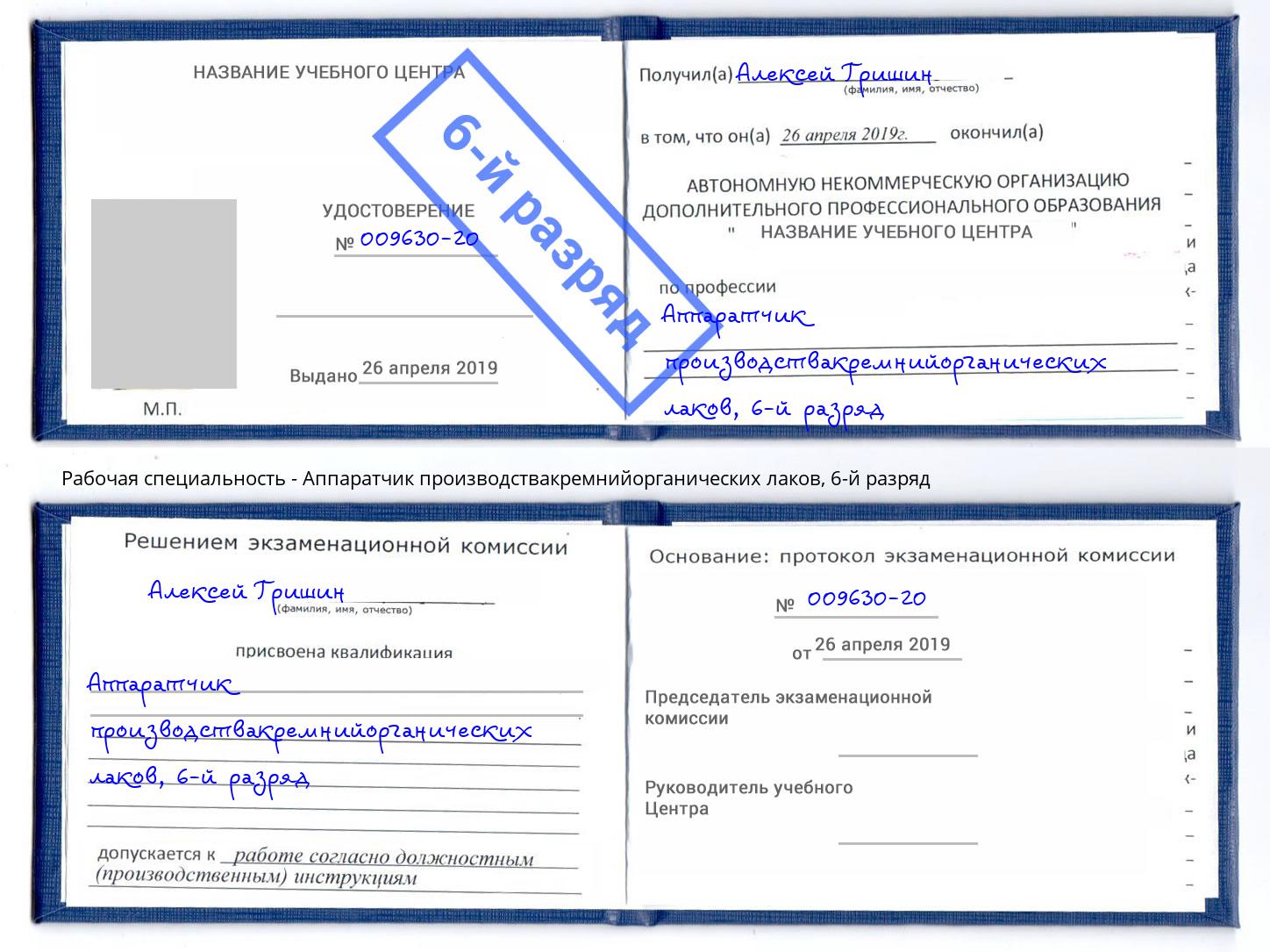 корочка 6-й разряд Аппаратчик производствакремнийорганических лаков Кинешма