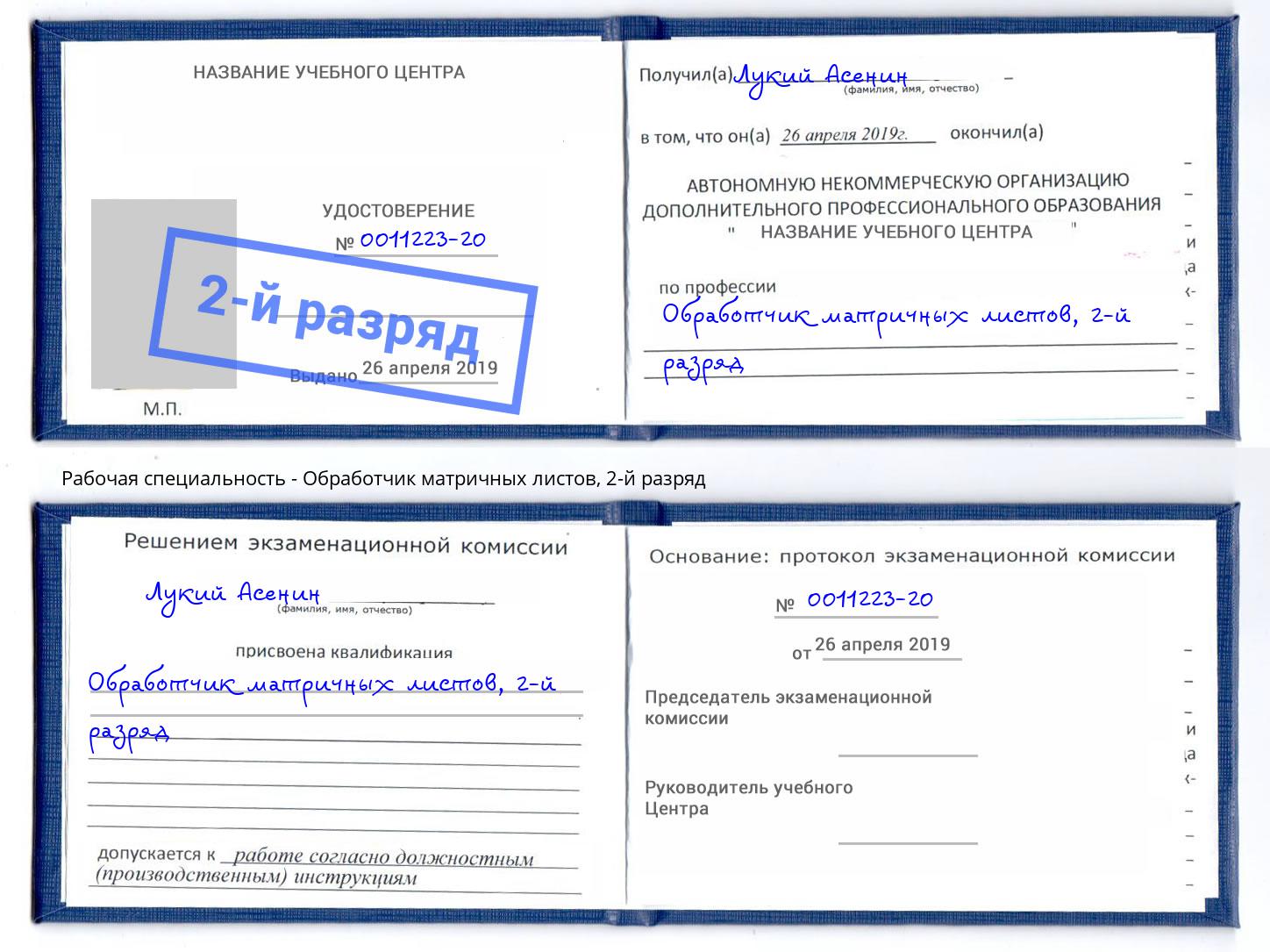 корочка 2-й разряд Обработчик матричных листов Кинешма