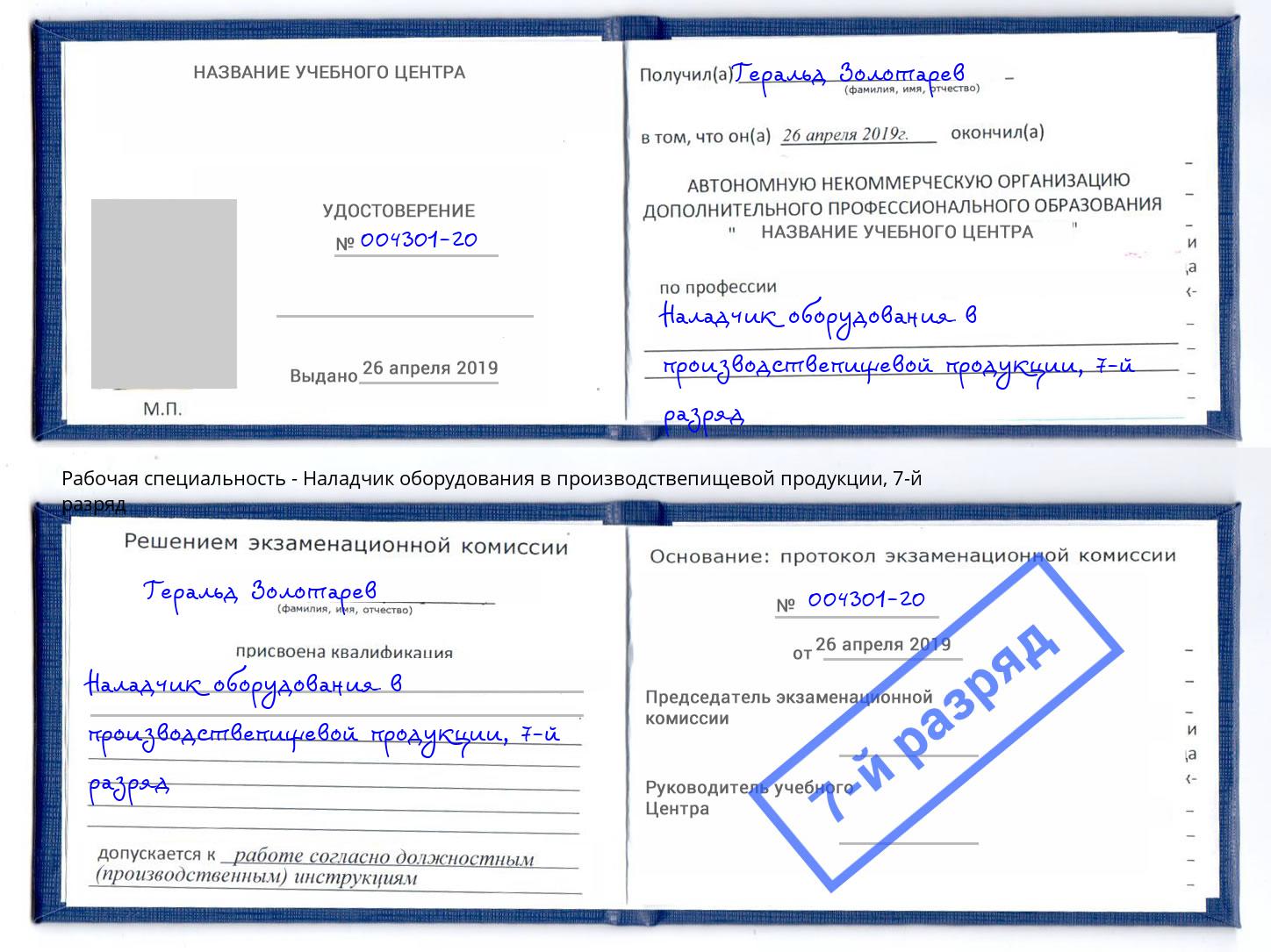 корочка 7-й разряд Наладчик оборудования в производствепищевой продукции Кинешма