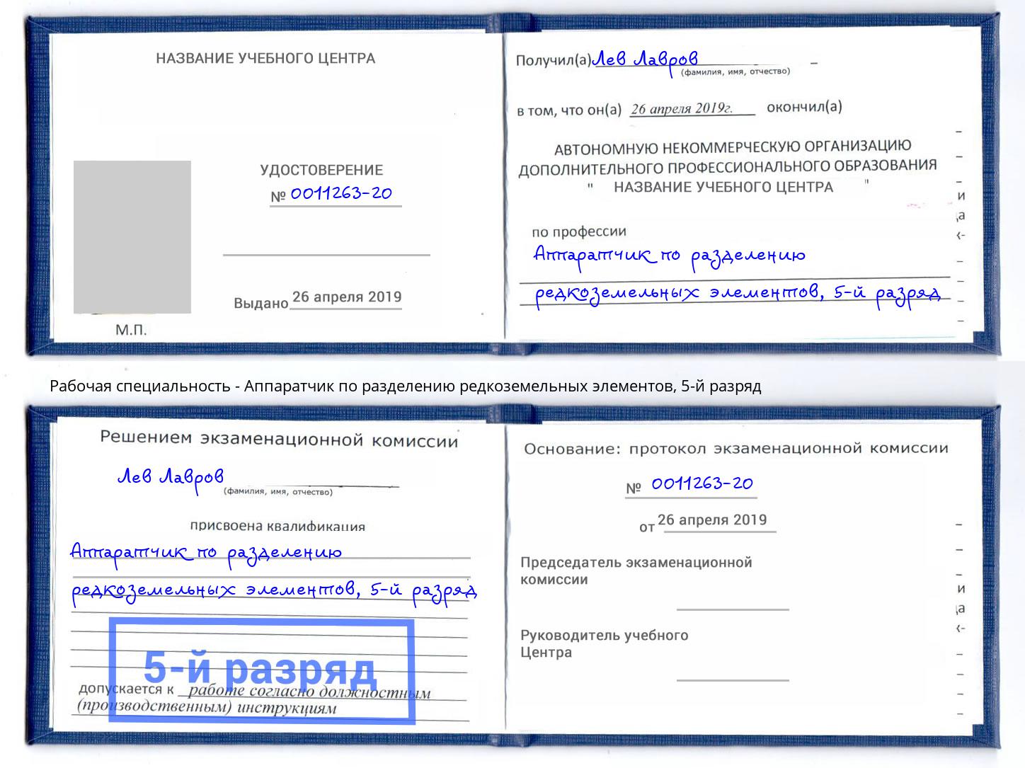 корочка 5-й разряд Аппаратчик по разделению редкоземельных элементов Кинешма